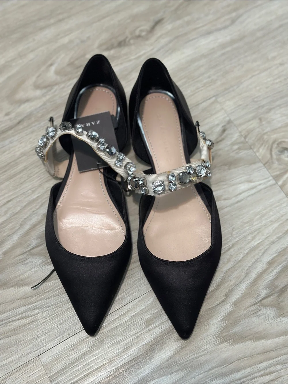 ZARA Black Satin Rhinestone Strap Flats Size 37 NWT